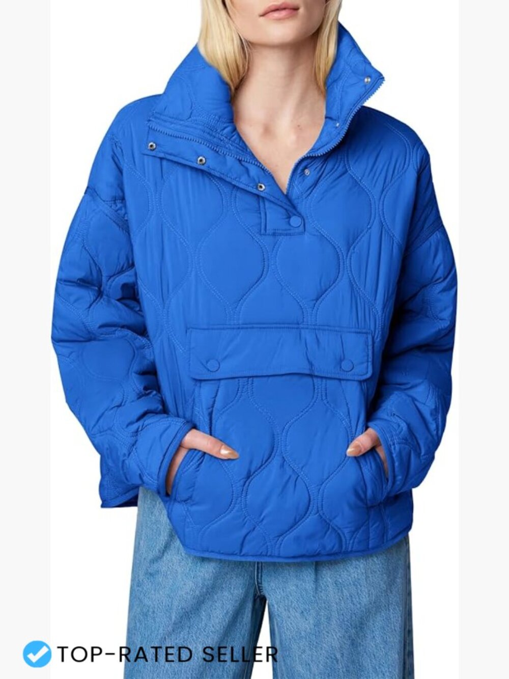 Womens Quilted Puffer Pullover Jacket Half Zip Oversized Lightweight Casual